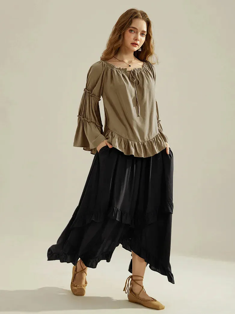 Renaissance Off Shoulder Tops Bell Sleeve Ruffled Hem Tops