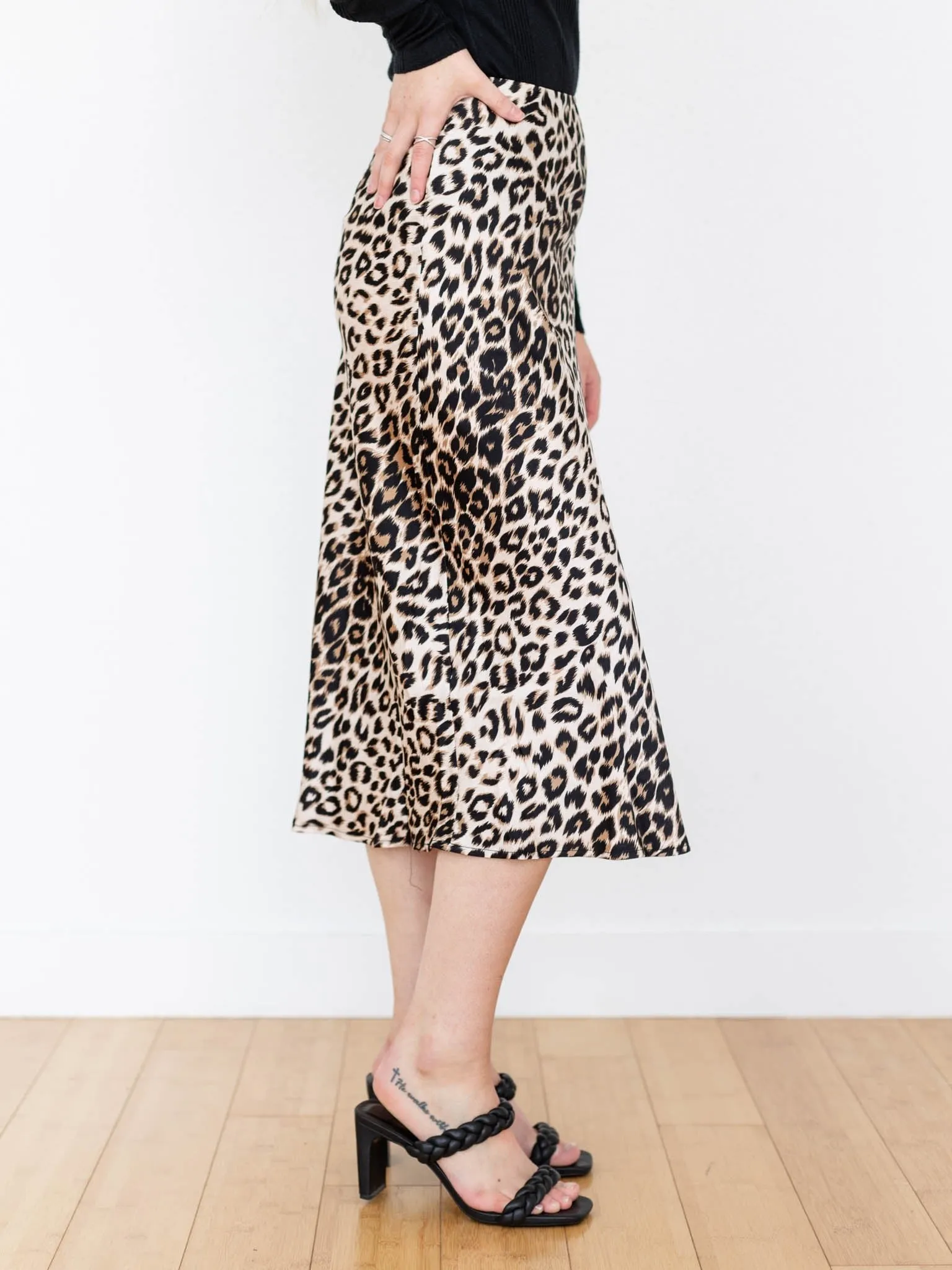 Satin Leopard Print A-Line Skirt