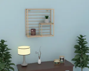 Square Metallic Twist Wooden Wall Shelf ( Golden )