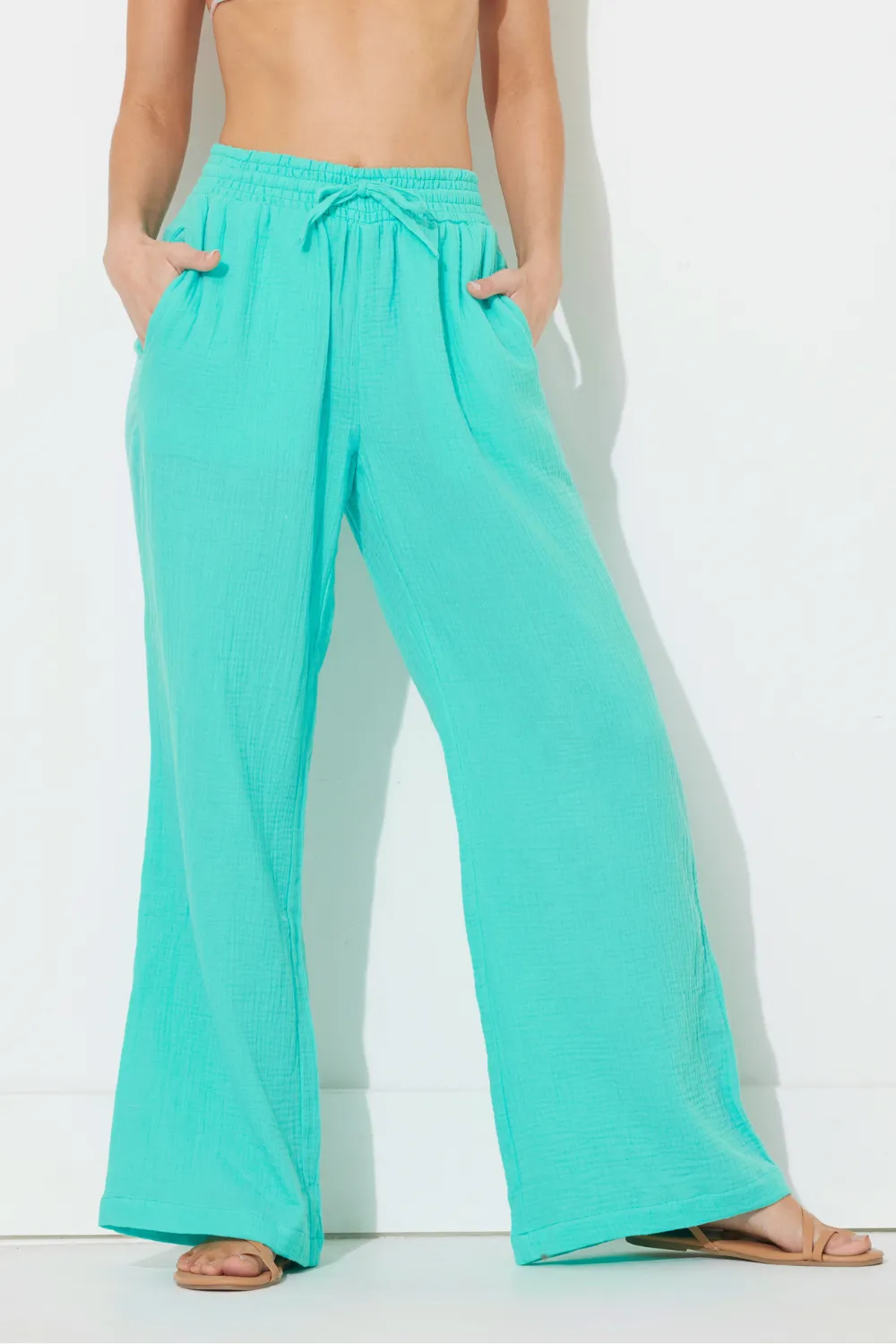 Teal Green Gauze Wide Leg Pants