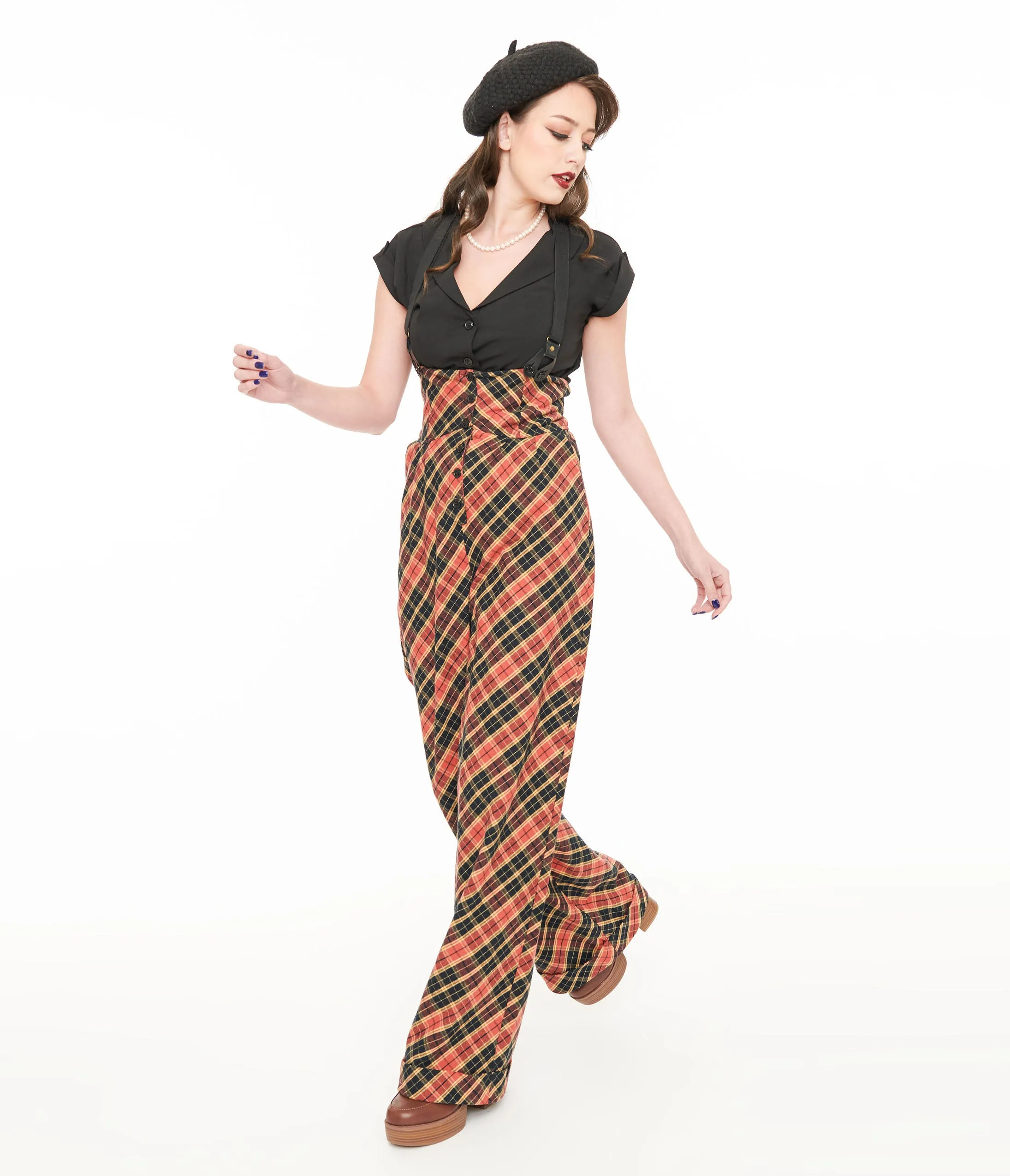 Unique Vintage 1930s Black & Rust Plaid Thelma Suspender Pants