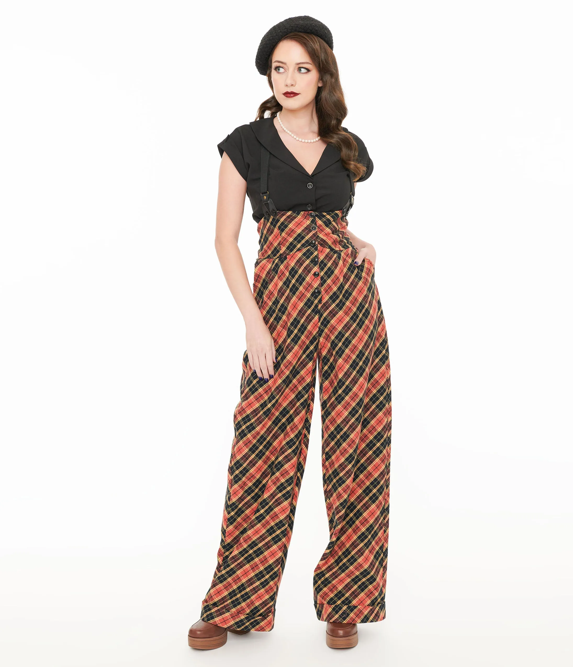 Unique Vintage 1930s Black & Rust Plaid Thelma Suspender Pants