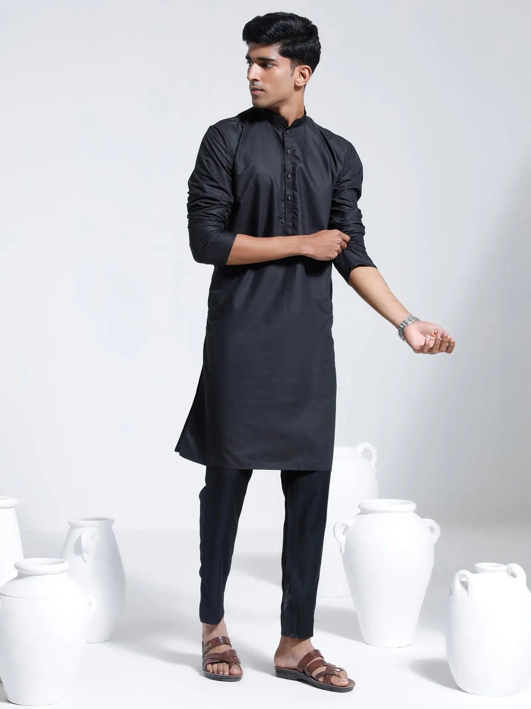 VASTRAMAY Black Cotton Silk Kurta Pyjama