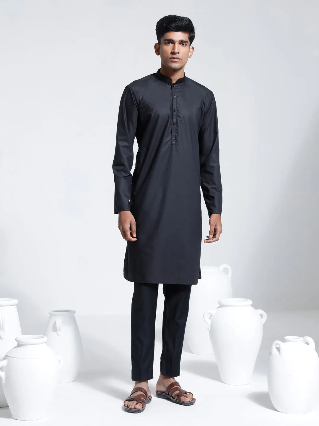 VASTRAMAY Black Cotton Silk Kurta Pyjama