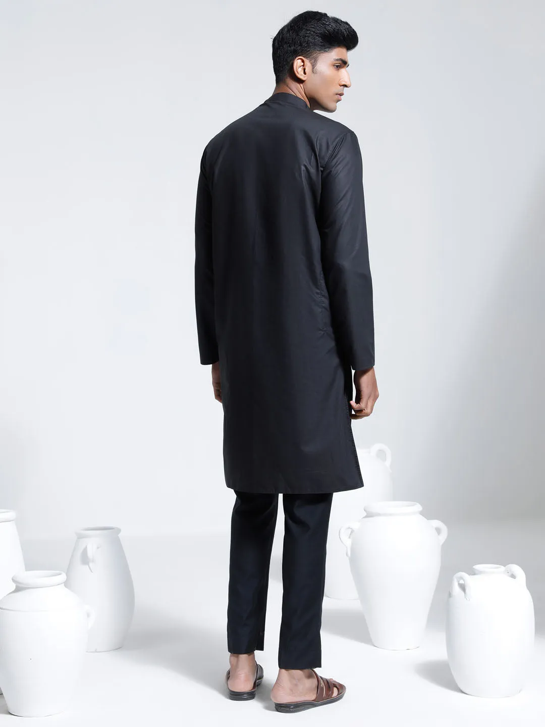 VASTRAMAY Black Cotton Silk Kurta Pyjama