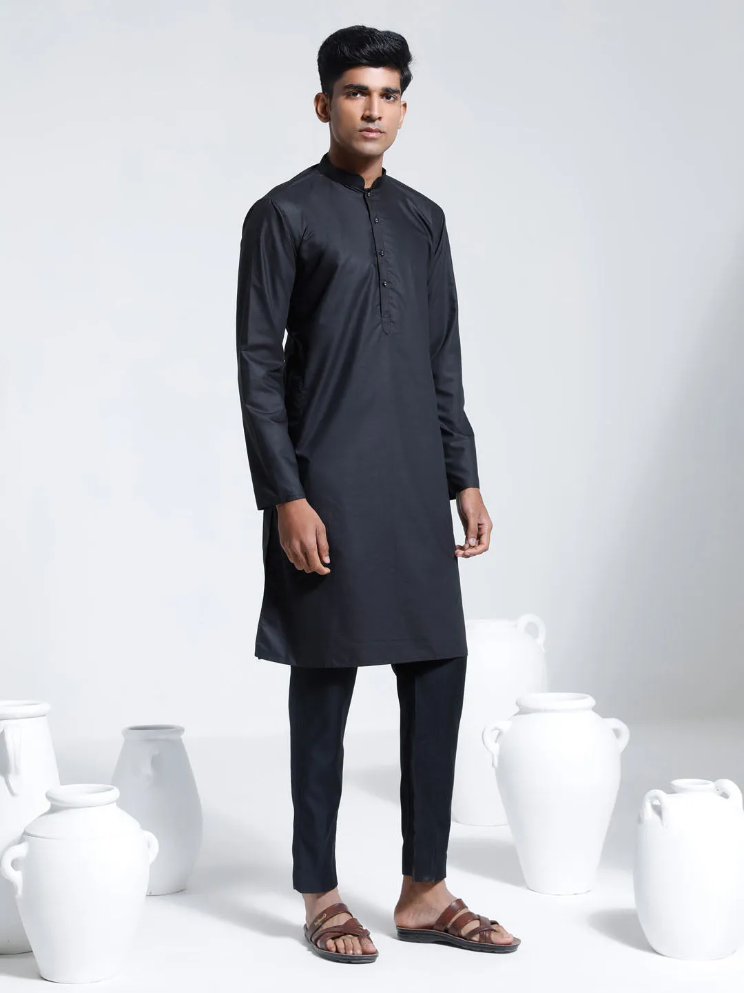 VASTRAMAY Black Cotton Silk Kurta Pyjama