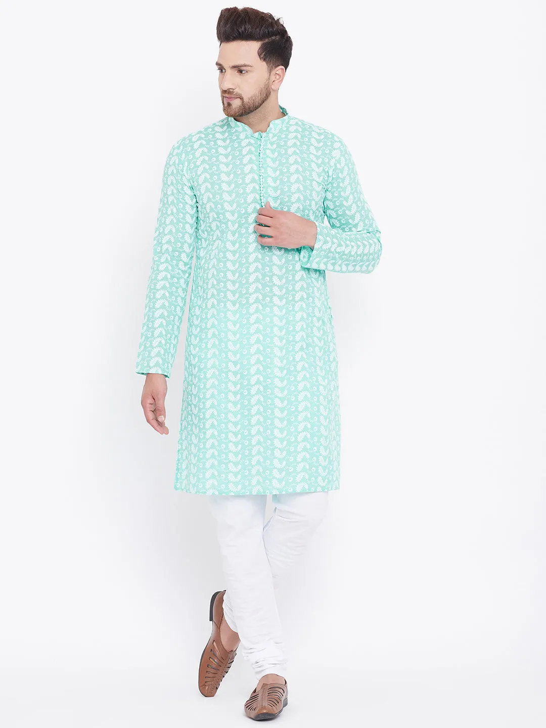 VASTRAMAY Green Cotton Chikankari Kurta Pyjama