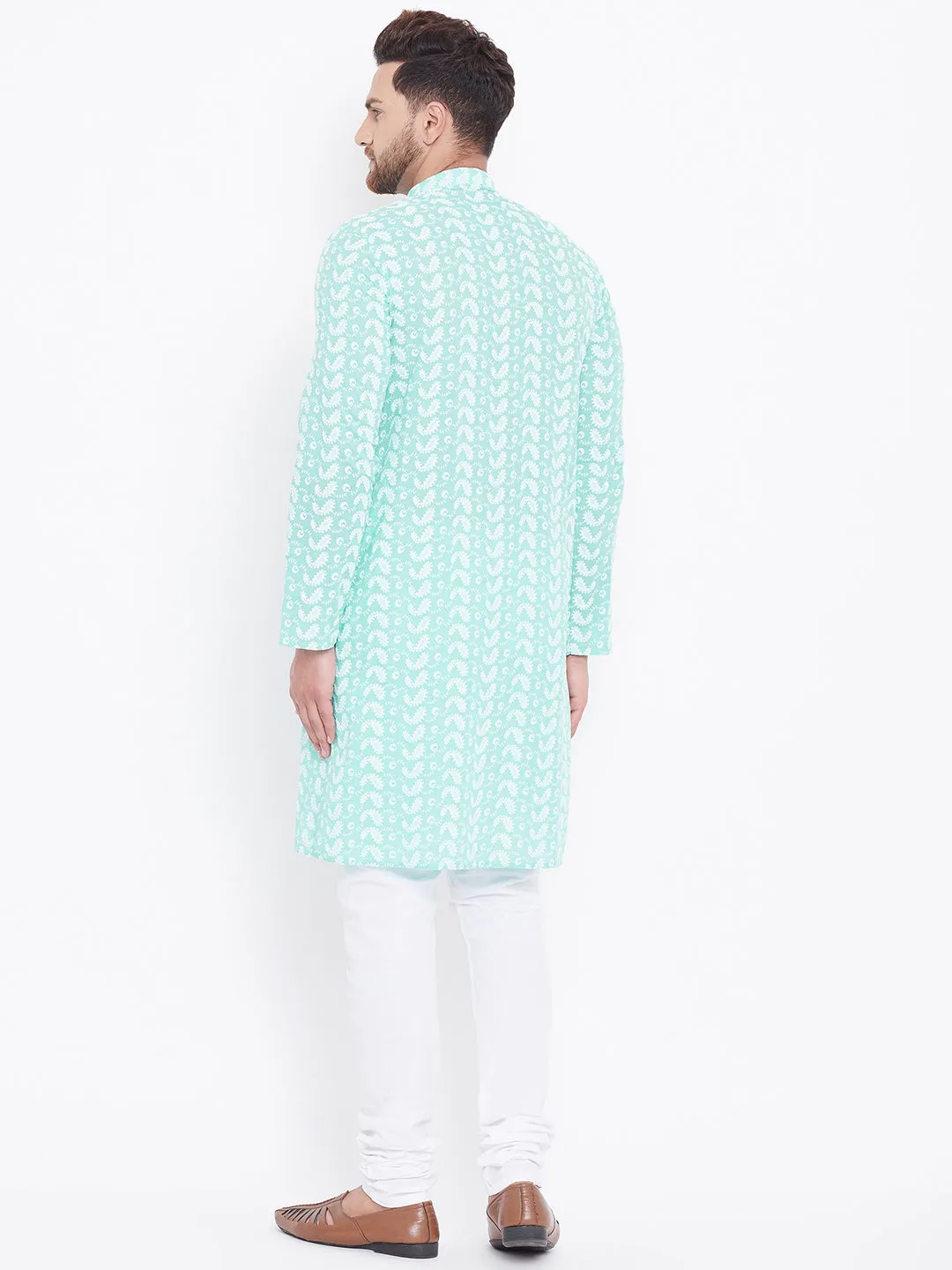 VASTRAMAY Green Cotton Chikankari Kurta Pyjama