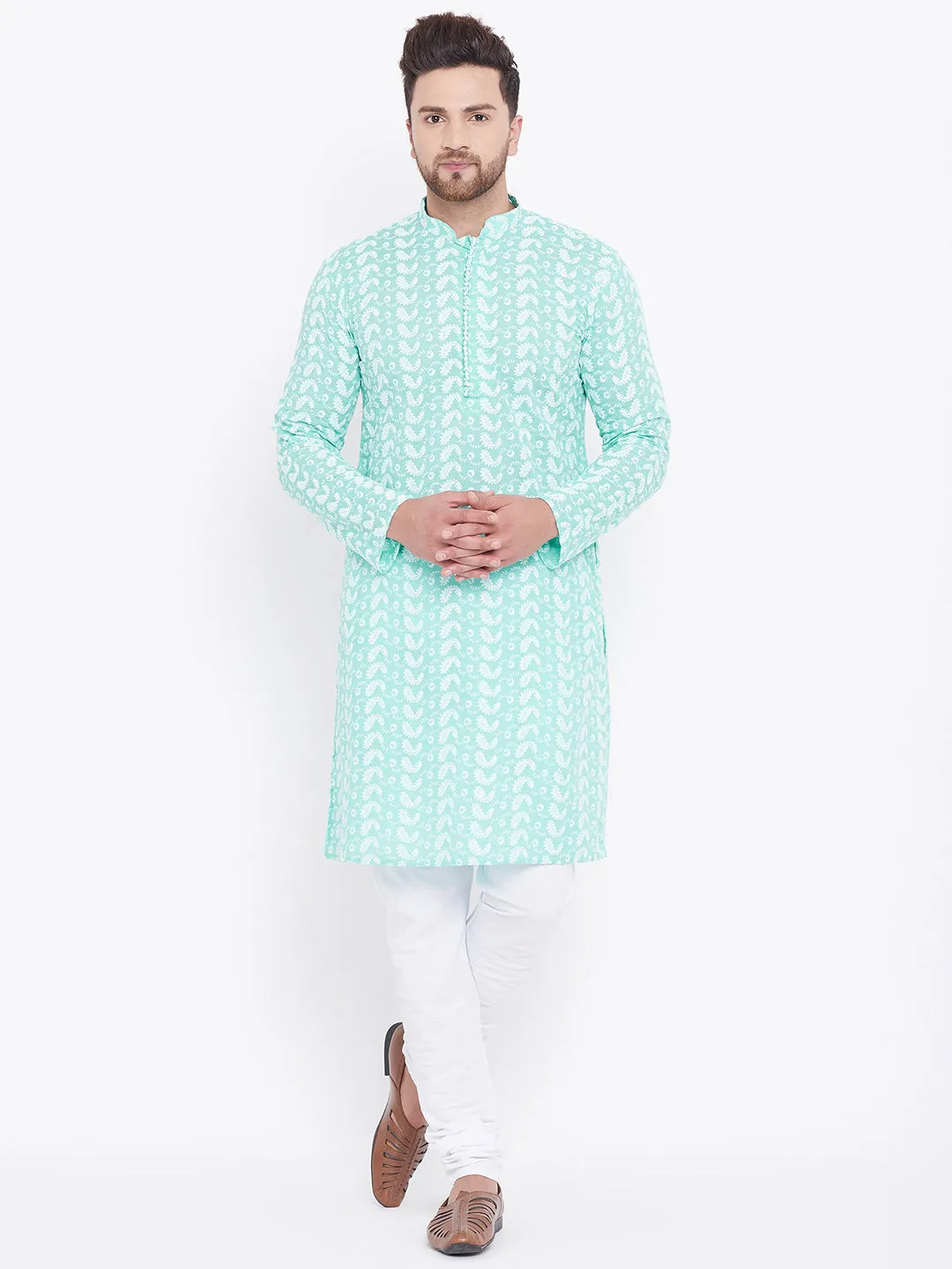 VASTRAMAY Green Cotton Chikankari Kurta Pyjama