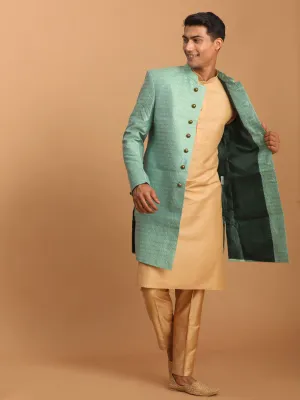 VASTRAMAY Green Silk Blend Sherwani Set