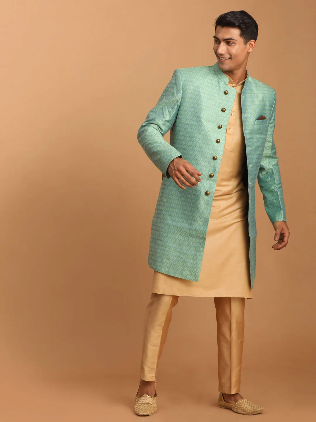 VASTRAMAY Green Silk Blend Sherwani Set