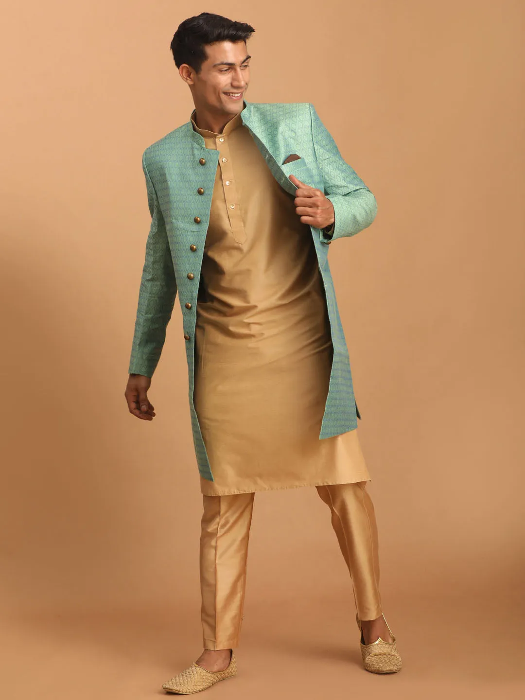 VASTRAMAY Green Silk Blend Sherwani Set