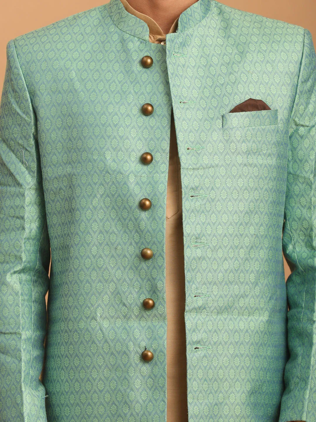 VASTRAMAY Green Silk Blend Sherwani Set