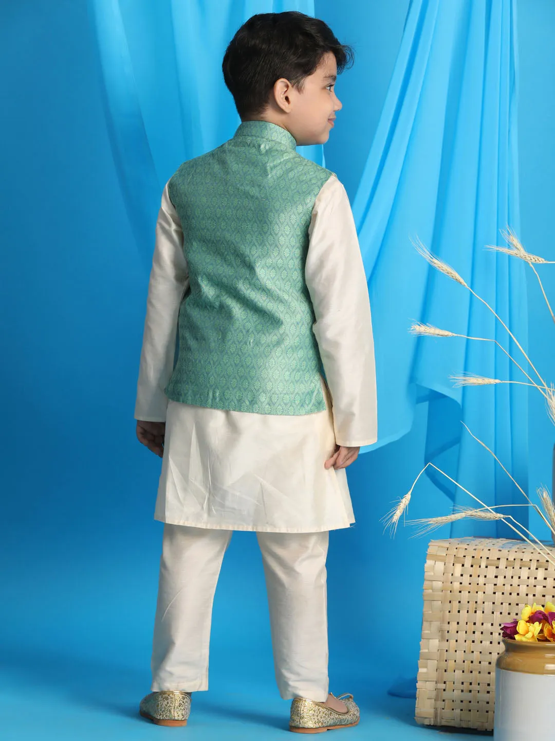 VASTRAMAY Green Woven Jacket With Cream Kurta and Pyjama Baap Beta Set