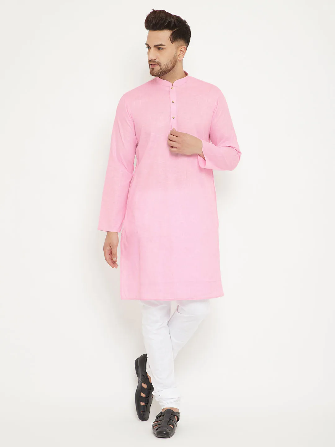 Vastramay Pink And White Baap Beta Kurta And Pyjama Set