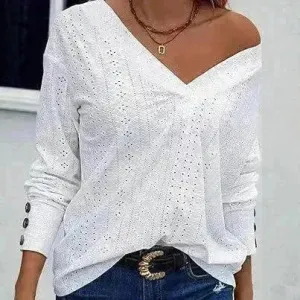 Women's Casual V-neck Long Sleeved Lace Casual Embroidered Shirt top