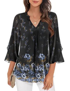 Zeagoo 3/4 Sleeve Ruffle V Neck Flowy Floral Mesh Blouses